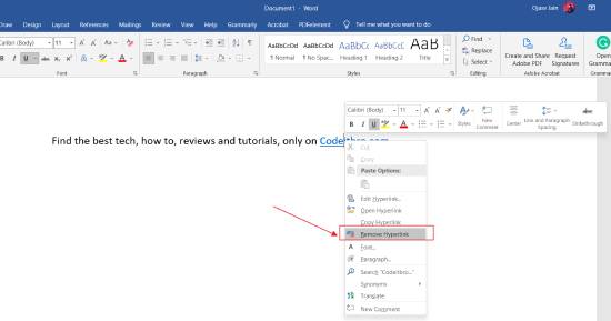 how to remove hyperlink in word document